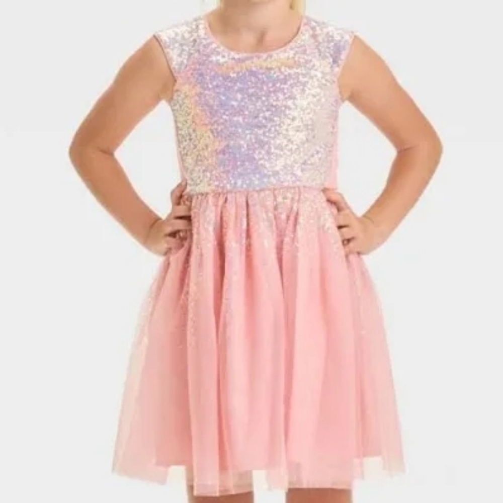 Cat & Jack Sparkly Pink Tulle & Sequin Dress, Size S (6/7)